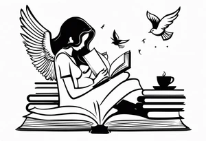 Small tattoo for shoulder. Angel kneeling next to open stack of books with bird silhouettes flying out of the book. tattoo idea