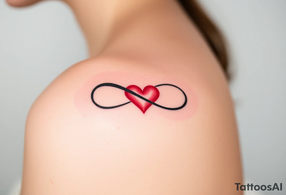 A sleek black infinity symbol intertwined with a delicate red heart, symbolizing everlasting love with a modern touch tattoo idea