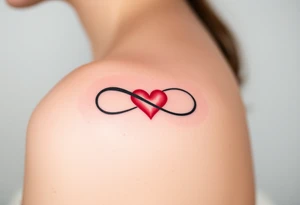 A sleek black infinity symbol intertwined with a delicate red heart, symbolizing everlasting love with a modern touch tattoo idea