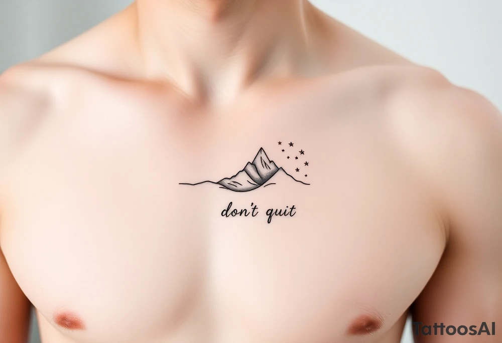 "Create a minimalist black-ink chest tattoo design placed at the center of the chest (over the heart). The tattoo should feature symbolic elements that represent trust, surrender, resilience, and faith in the journey of life. Include a gentle wave forming a spiral (representing letting go and flow), a subtle mountain range (symbolizing grounding and strength), and a small constellation of stars (symbolizing cosmic alignment and trust in the universe). The words 'don’t quit' should be delicately integrated into the design, not loud but intentional. The overall aesthetic should be fine-line, minimal, and poetic — evoking a sense of quiet strength, inner peace, and soulful endurance. Soft natural lighting on light skin." tattoo idea