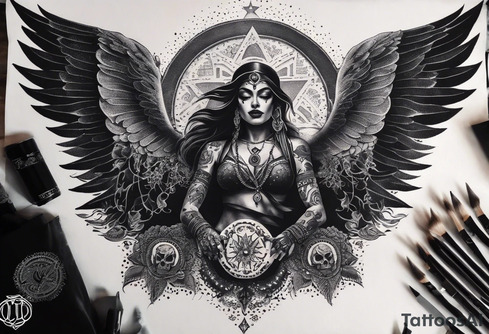 black kali, goddess pirate, alien, angel, pachamama, valkrye, warrior, flying, skull, lotus azul, wing, eagle, zenza resonance, stars, 5D, anahata chakra, death, durga, riding on a tiger, flying lady, chest tatoo tattoo idea