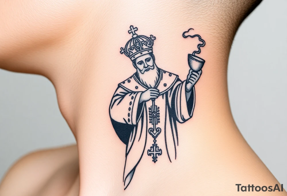 Russian Orthodox Priest in a fully detailed gold vestment swinging a censer with smoke curling upward tattoo idea