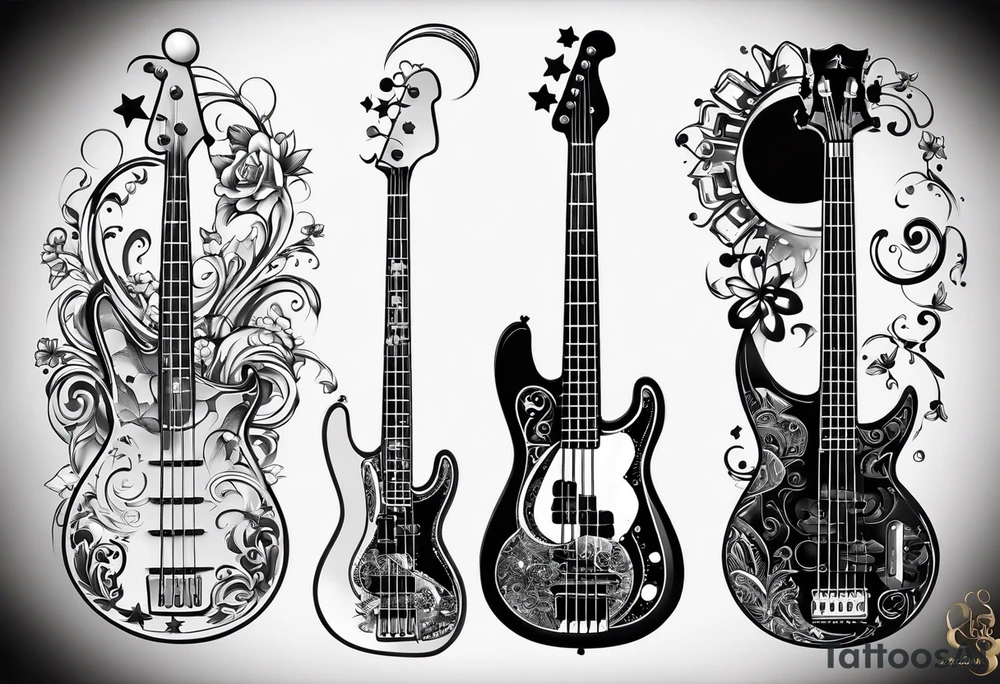 A well balanced tattoo full left arm with the following images:
a bass guitar, 
2 stars, 
1 quarter moon, 
a caduceus symbol and 
a mickey mouse shadow tattoo idea