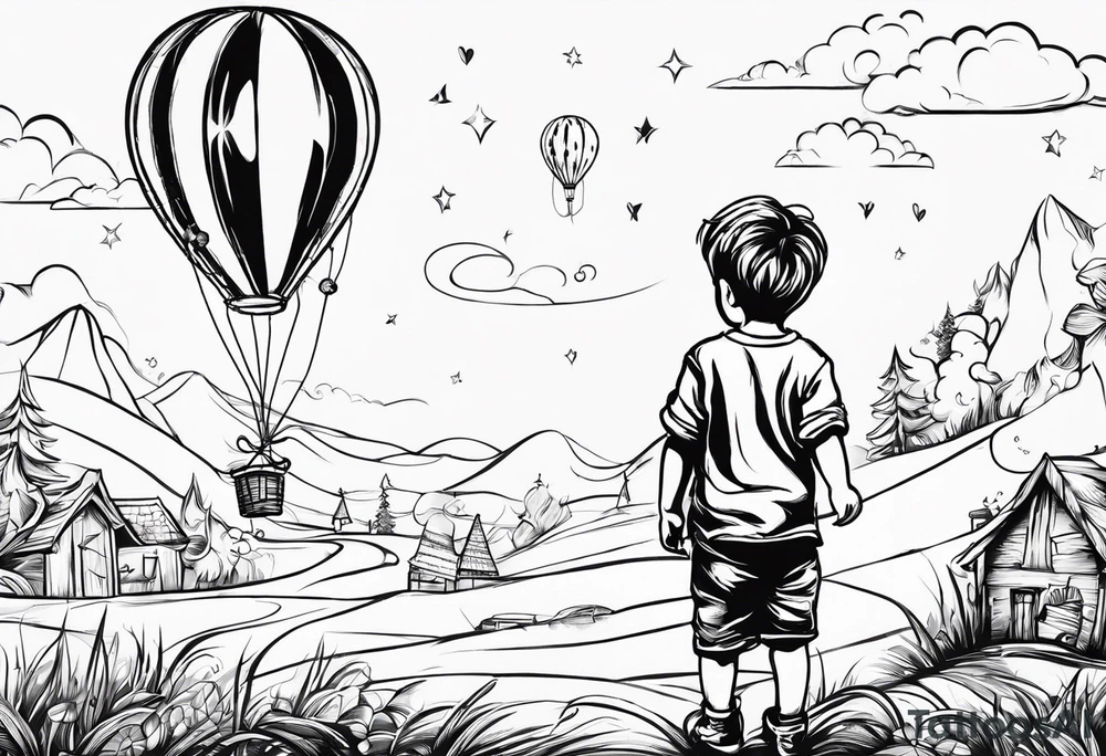 tatoo in sketch style only.
A little boy is holding a string to the hearth shaped small party baloon.
boy should be drawed from behind and has one hand reaching up in 45 degree angle and holding the baloon string
On the string is a wave which look like a hearbeat pulse.
draw it without any scenery, without any background. Just a boy 
Add heartbeat pulse on the string tattoo idea