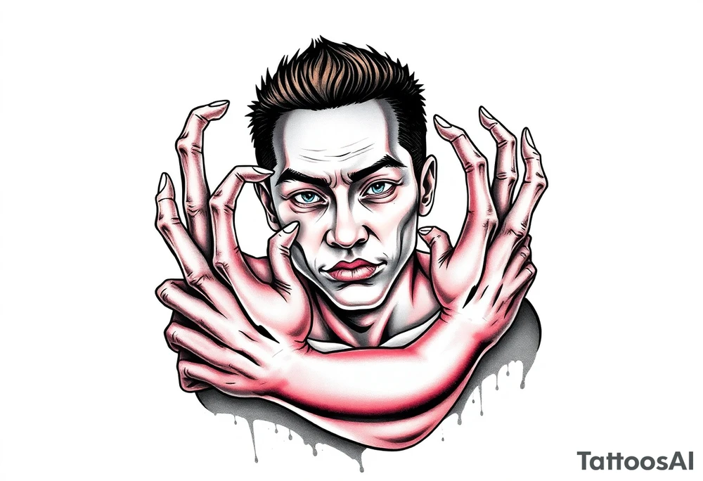 Scary ugly hands are holding Handsome Asian young guy tattoo idea