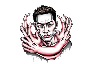 Scary ugly hands are holding Handsome Asian young guy tattoo idea