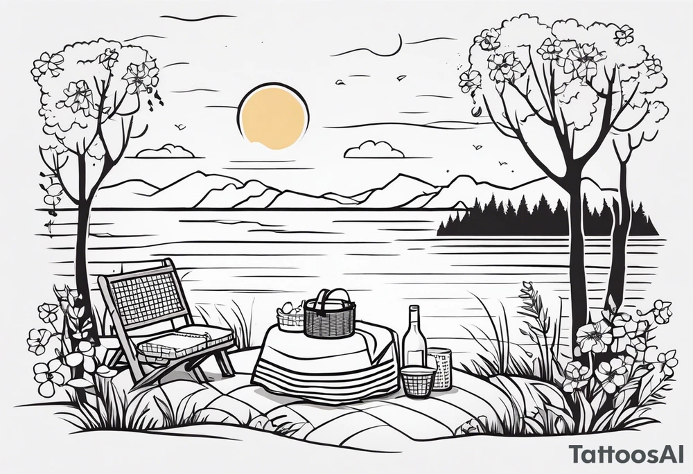 picnic scene in nature by a lake with bushes, tress and flowers, with a shecker blanket, a picnic basket, pillows and a sun in the sky tattoo idea