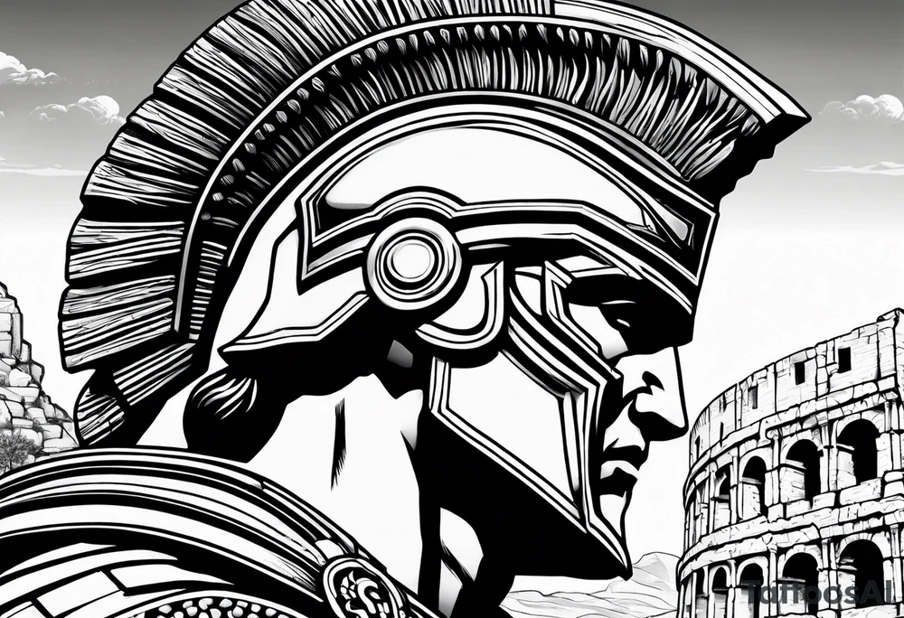 Close up of spartan solider face looking at distant roman ruins tattoo idea