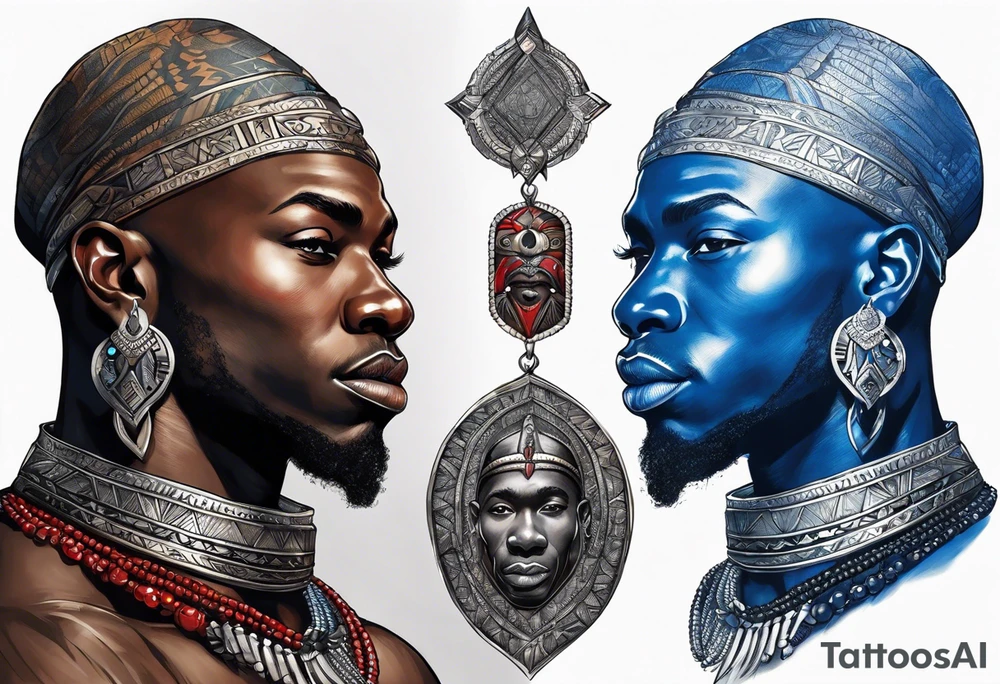 Black-skinned bald african warrior. He wears a simple and small silver crown. He uses two simple necklaces: one blue, other red. tattoo idea