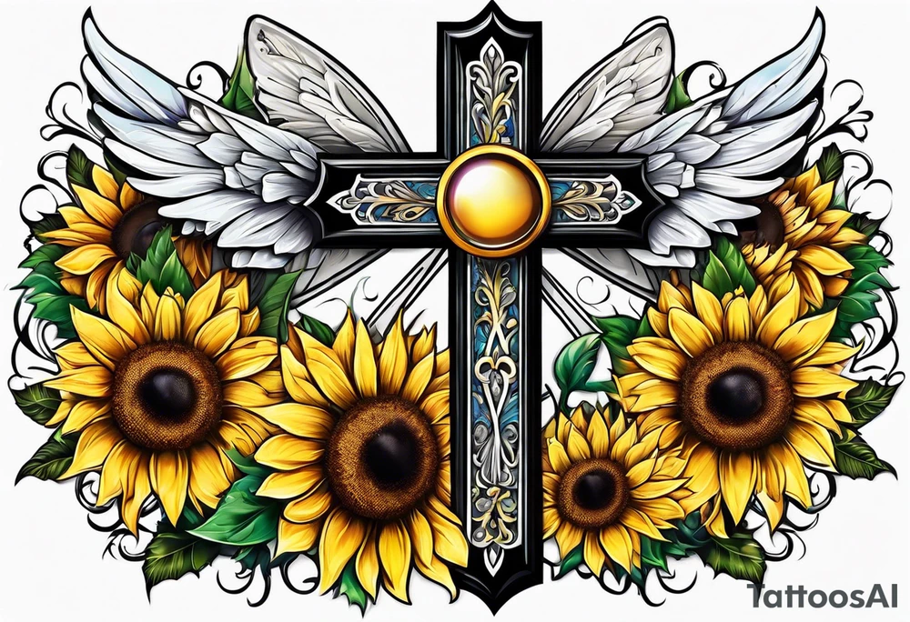Winged cross with sunflower and butterflies tattoo idea