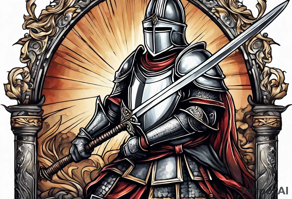a knight pulling a sword out of an open bible tattoo idea