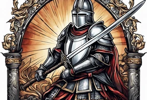 a knight pulling a sword out of an open bible tattoo idea