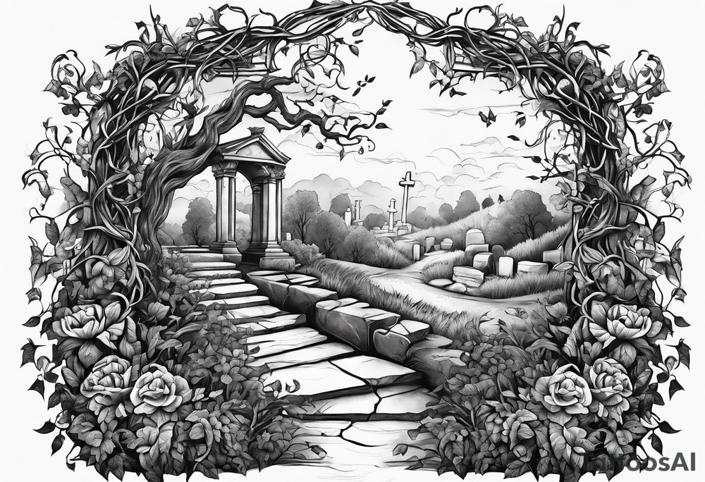 Leafy vines with grave yard tattoo idea
