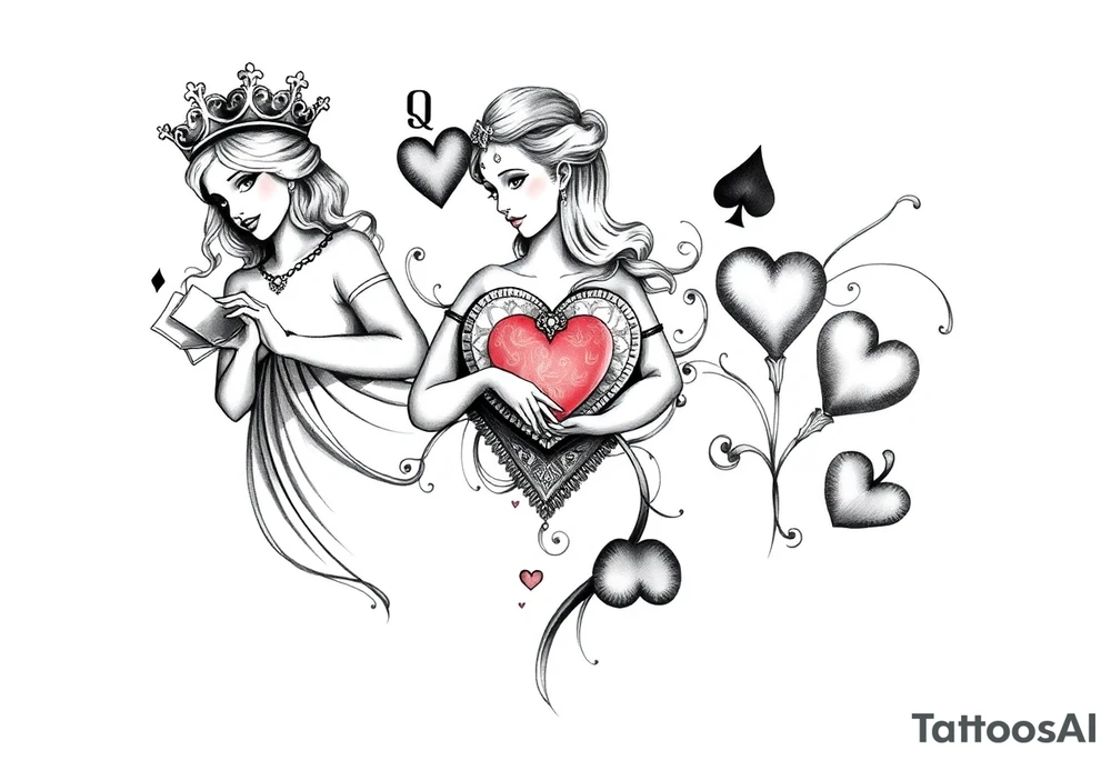 Queen of hearts, 2 of hearts and 4 of hearts playing card tattoo idea