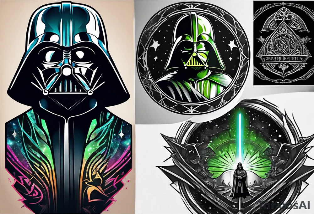 Deathly hallows symbol with Yoda lightsaber, Darth Vader lightsaber, ring of power in the middle tattoo idea