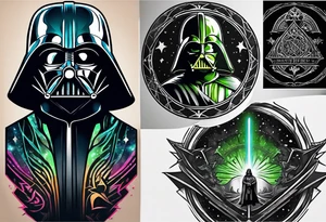 Deathly hallows symbol with Yoda lightsaber, Darth Vader lightsaber, ring of power in the middle tattoo idea