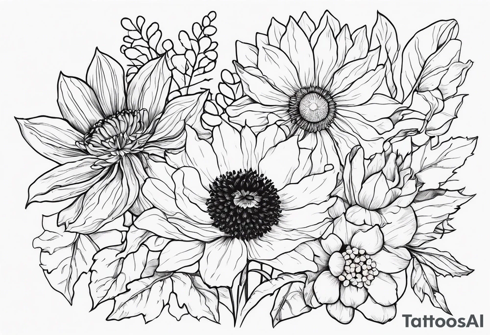 Sunflower, daffodil, poppy, chrysanthemum and holly tattoo idea