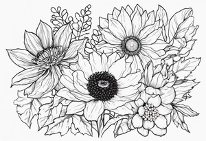 Sunflower, daffodil, poppy, chrysanthemum and holly tattoo idea