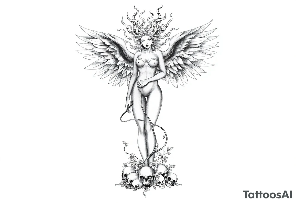 Ethereal Medusa standing. She has phoenix wings. She is beautiful and feminine. Surrounded by flowers and standing with skulls at her feet. Symbolic of resilience, transformation and inner strength. tattoo idea