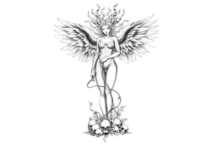 Ethereal Medusa standing. She has phoenix wings. She is beautiful and feminine. Surrounded by flowers and standing with skulls at her feet. Symbolic of resilience, transformation and inner strength. tattoo idea