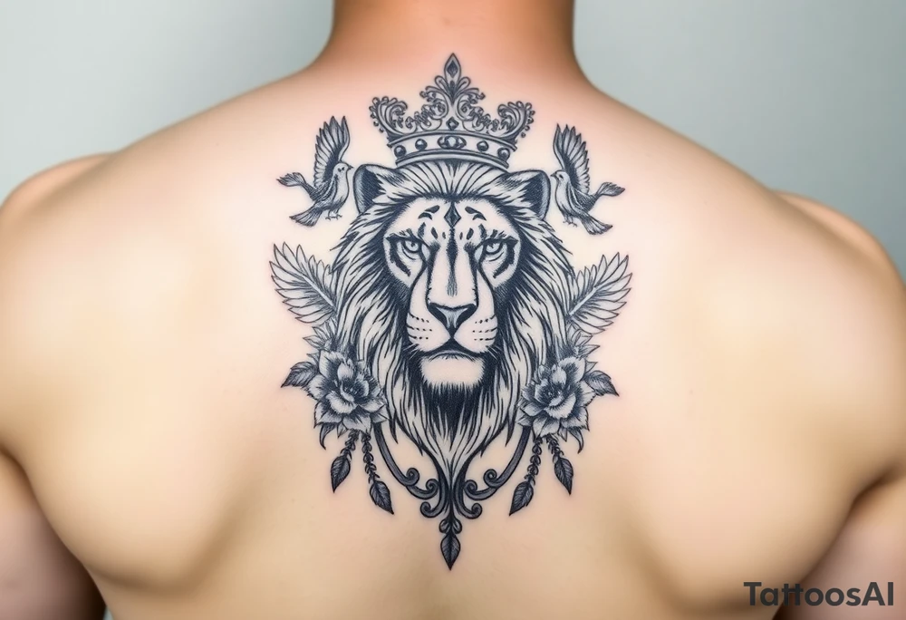 powerful majestic lion with a crown, surrounded by floral ornaments and birds tattoo idea