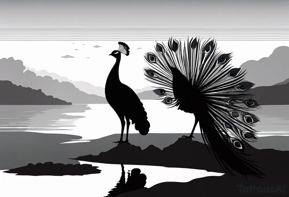 Black and white silhouette illustration of a serene lakeside setting with a peafowl standing on rocky terrain. The peafowl's silhouette is elegant and detailed, with its tail and feathers fanned out. The lake is depicted as a smooth surface, reflecting the silhouette of the peafowl and abstract cloud shapes in the sky. The sky above is minimalistic, with soft, flowing lines representing clouds. The overall composition is peaceful, with the peafowl and its reflection standing out against the stark contrast of the black-and-white design. tattoo idea