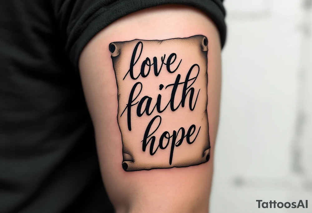Tattoo with black calligraphy love faith hope on a parchment-scroll background in faded tan and beige tones. tattoo idea