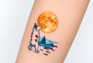 smALL HUSKY LOOKING AT A TRIBAL MOON STANDONG IN THE SAND IN THE SEA WITH THE CONSTALATION OF SAGITARIUS PUT COLOR ADD ARROW, MAKE HUSKY WHITE WITH BROWN SPOTS tattoo idea