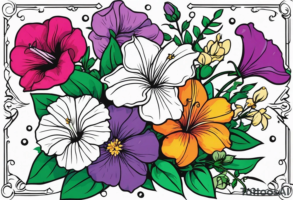 a vertical flower bouquet including sweet pea, larkspur, morning glory and cosmos tattoo idea