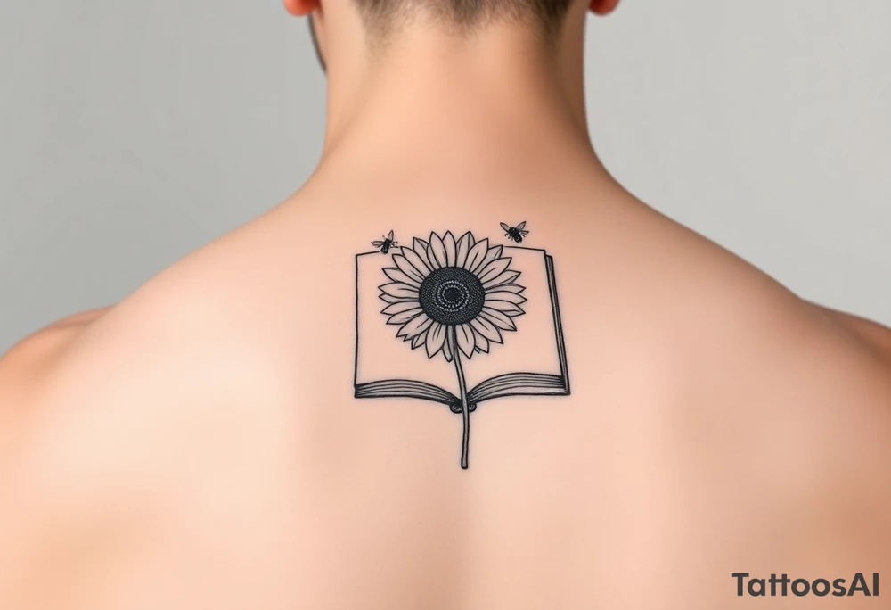 A book with a sunflower and bees as one page tattoo idea