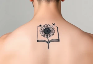 A book with a sunflower and bees as one page tattoo idea