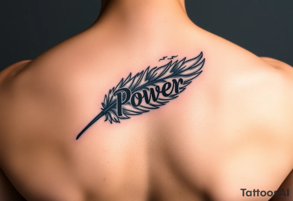 A stormy grey feather with silver lightning streaks, carrying the word "Power", symbolizing the strength of unity tattoo idea