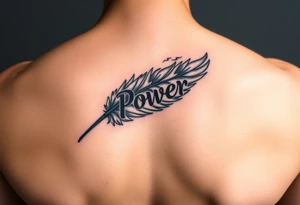 A stormy grey feather with silver lightning streaks, carrying the word "Power", symbolizing the strength of unity tattoo idea