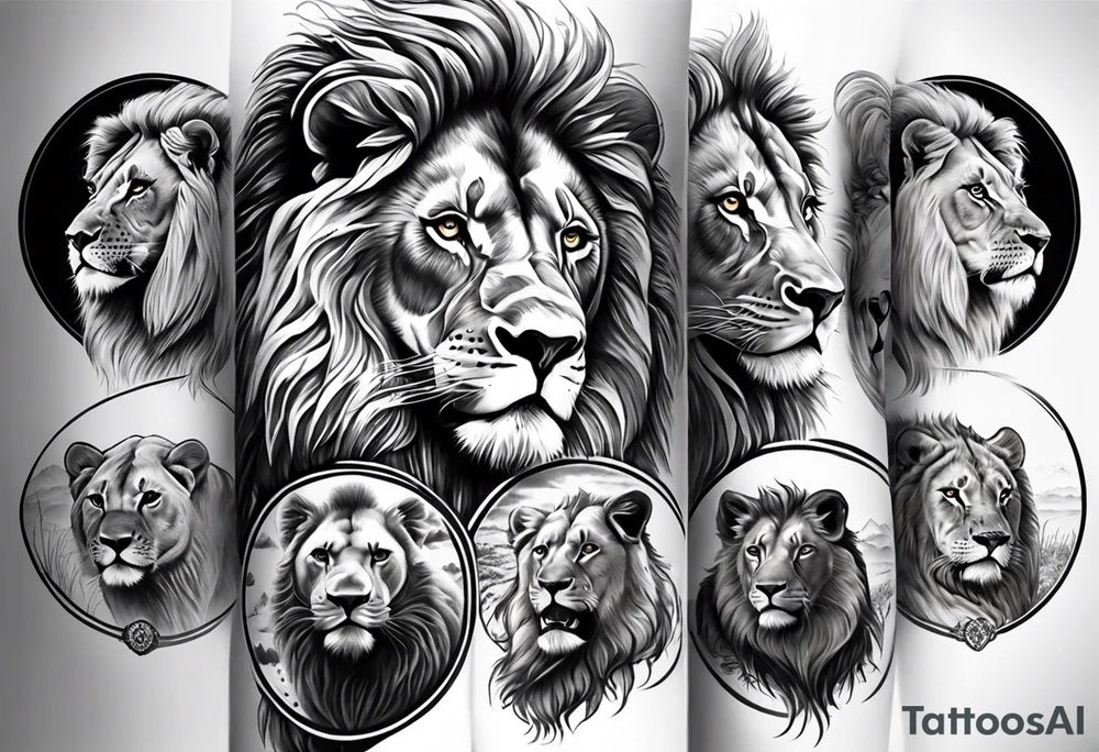 Full sleeve tattoo depicting a large lion protecting his lioness and 6 lion cubs. Background should depict a safari scene tattoo idea