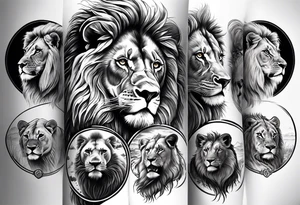 Full sleeve tattoo depicting a large lion protecting his lioness and 6 lion cubs. Background should depict a safari scene tattoo idea