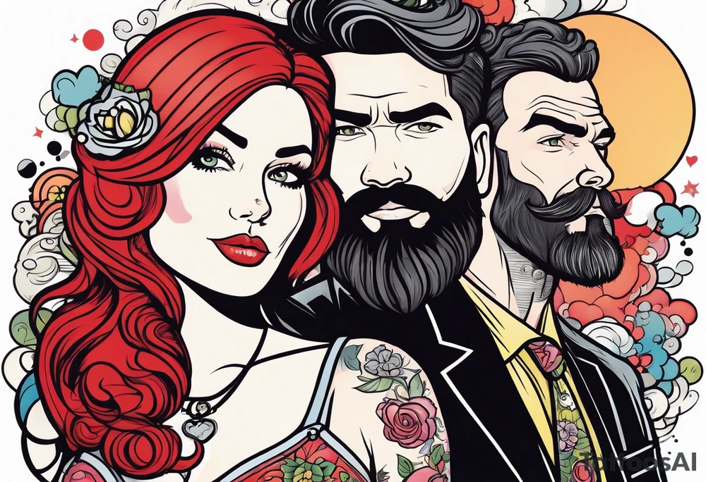 Busty Red haired woman with black haired bearded man tattoo idea