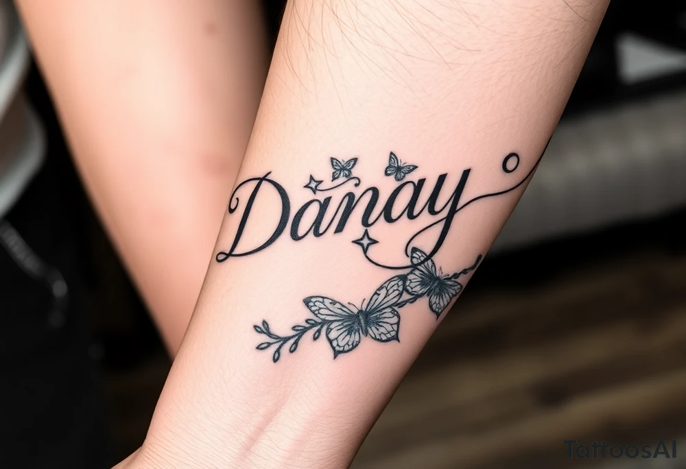 the name Danay, with a background other cool designs that fills up the whole forearm tattoo idea