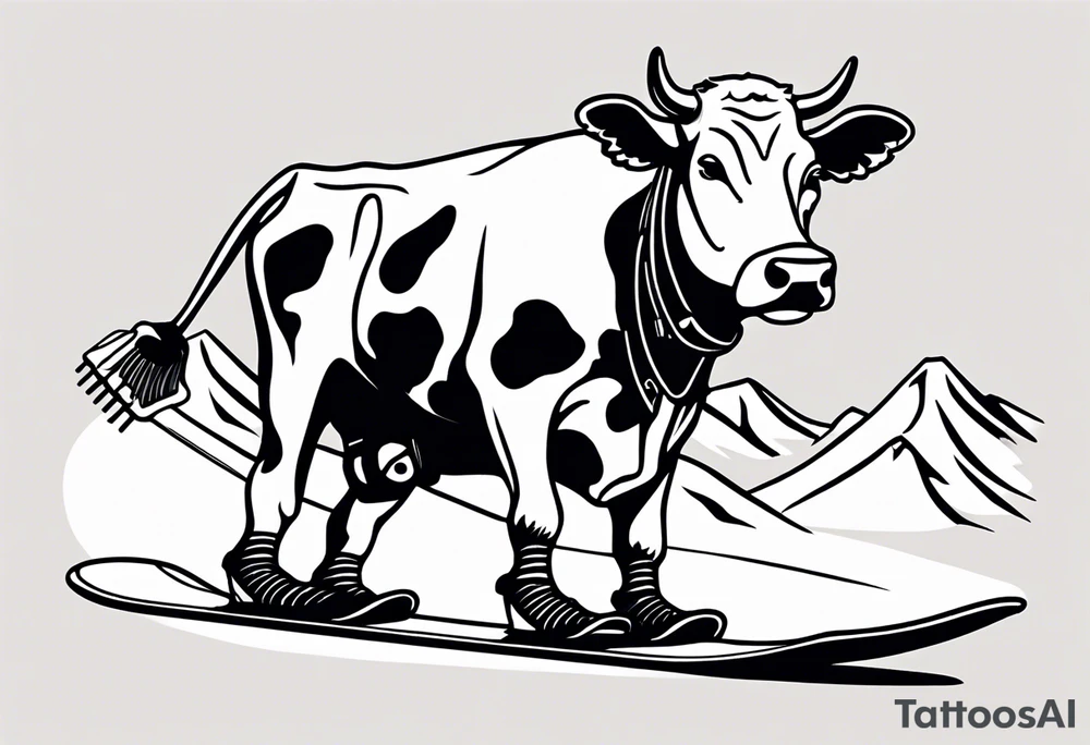 Generate a minimalist and simple black and white tattoo design featuring a joyful cow snowboarding, wearing goggles. Focus on essential lines and details to convey the playful spirit of the scene. The cow should exude confidence while effortlessly snowboarding down a snowy slope. Keep the design clean and uncluttered, suitable for a small to medium-sized tattoo space. Emphasize the charm and whimsy with the addition of goggles, ensuring the overall aesthetic remains simple and minimalistic. The goal is to create a visually appealing and easily recognizable tattoo that captures the essence of a cow enjoying a snowboarding adventure tattoo idea