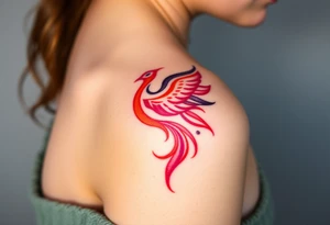 Phoenix rising from the ashes with the colors red, pink, orange and purple. Size 3 cm wide and 5 cm high tattoo idea