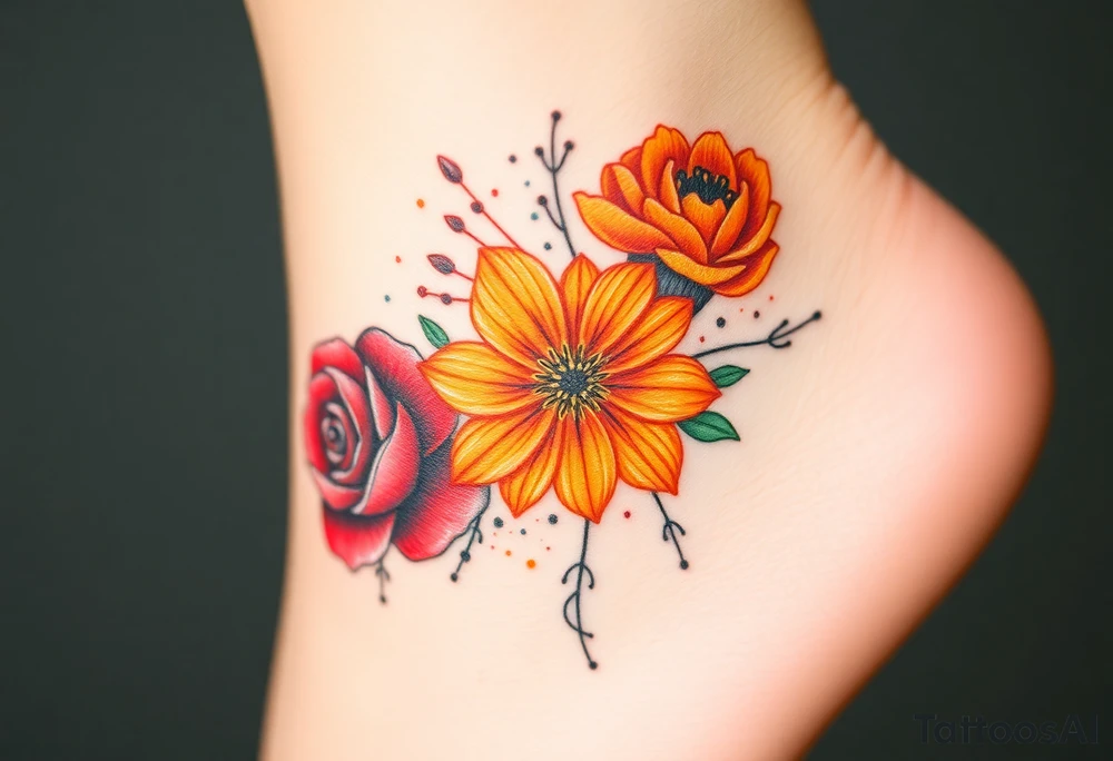 a colorful, vibrant, watercolor tattoo with one red rose, one orange lily, one gold marigold, and one orange cosmos flower and with splashes of color tattoo idea