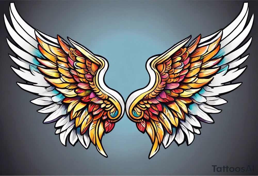 beautiful intricate colorful new school angel wings, tattoo idea