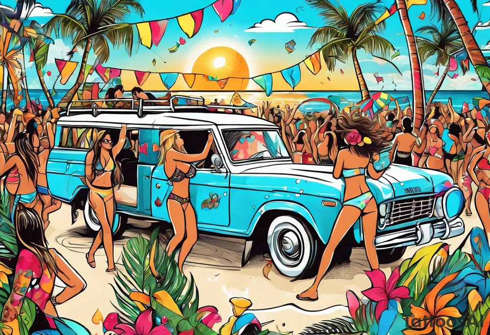 SURFING SAFARI BEACH DANCE 
PARTY WITH CONFETTI AND MUSIC NOTES, TROPICAL DRINKS, SEXY BIKINIS tattoo idea