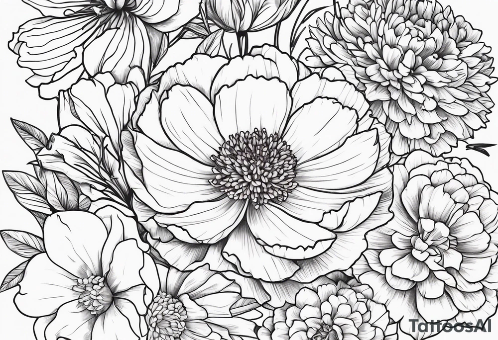 tattoo design with all these flowers peony, carnation, daffodil, daphne, dahlia, desiree, daisy and rose and label the flower name tattoo idea