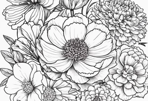 tattoo design with all these flowers peony, carnation, daffodil, daphne, dahlia, desiree, daisy and rose and label the flower name tattoo idea