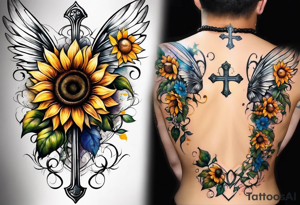 Winged cross with sunflower flowers and butterflies calf sleeve tattoo idea