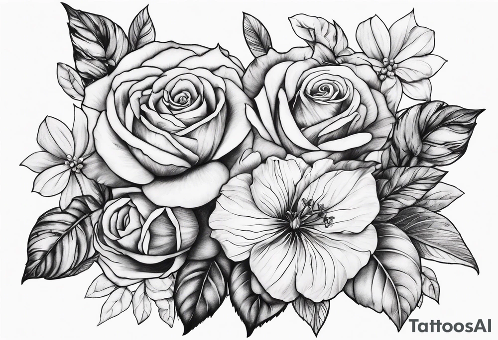 large floral with roses and lilac tattoo idea