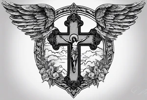 Writing: "In Omina Paratus" with a damaged cross in the middle and angels on both sides one with a glock and one with an AK47 tattoo idea