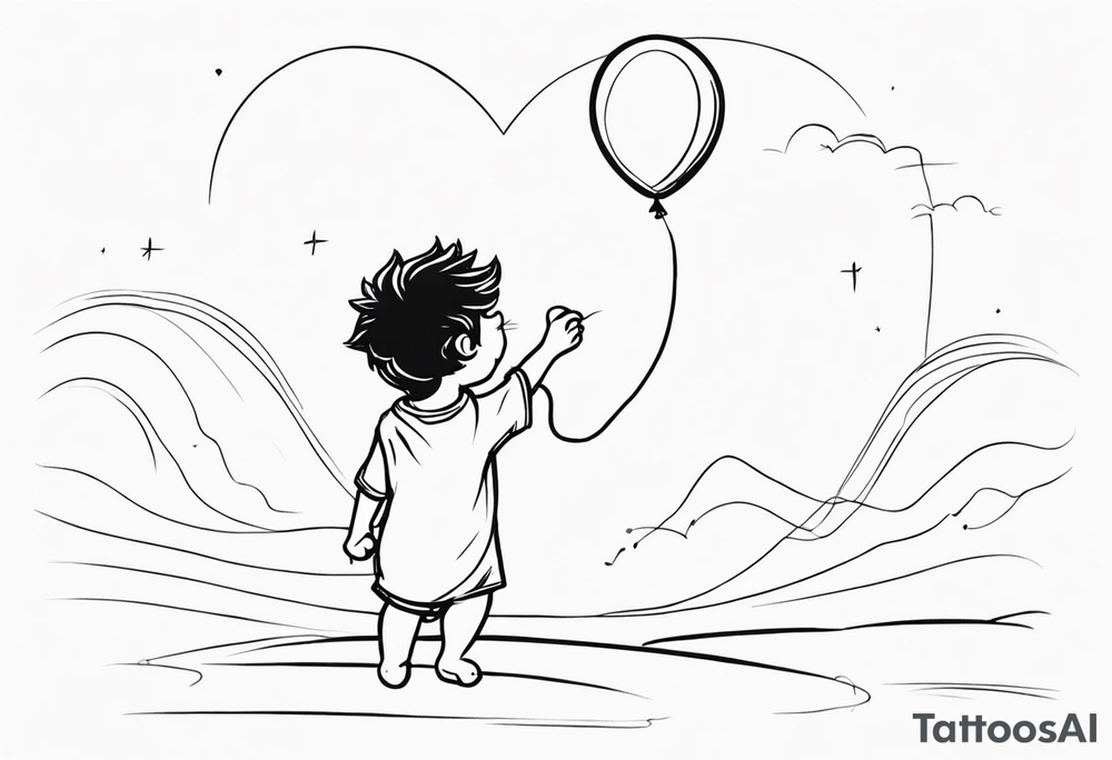 tatoo in sketch style only.
A little lion boy is holding a string to the hearth shaped small party baloon.
lion boy should be drawed from behind and has one hand reaching up in 45 degree angle and holding the baloon string
On the string is a wave which look like a hearbeat pulse.
draw it without any scenery, without any background. Just a boy 
Add heartbeat pulse on the string tattoo idea