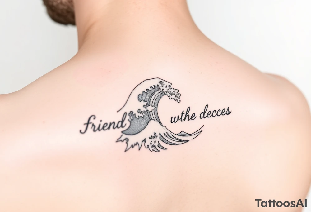 Best friend matching fine line black and white tattoo with a wave. Feminine. Symbolizing long term friendship withholding many triumphs and tribulations, resilience, strength, and loyalty. Maybe words or quotes tattoo idea