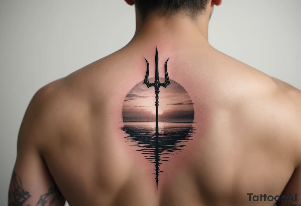 trident half way under calm water at sunset tattoo idea